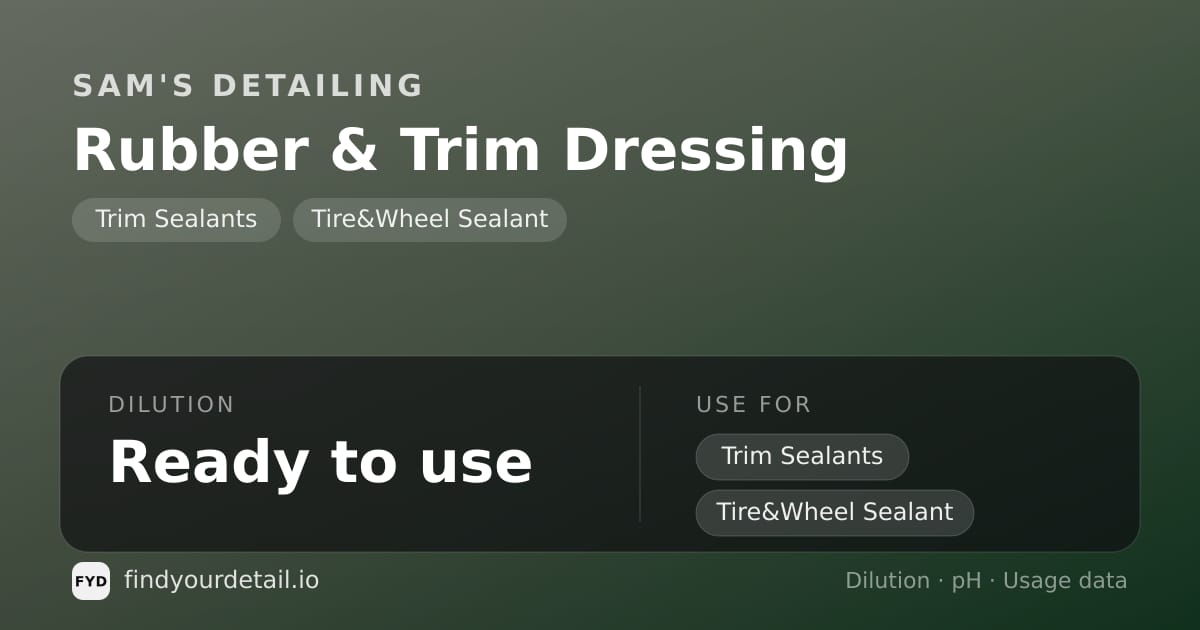 Sam's Detailing Rubber & Trim Dressing dilution ratio and pH specification chart