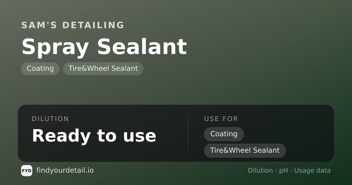Sam's Detailing Spray Sealant dilution ratio and pH specification chart
