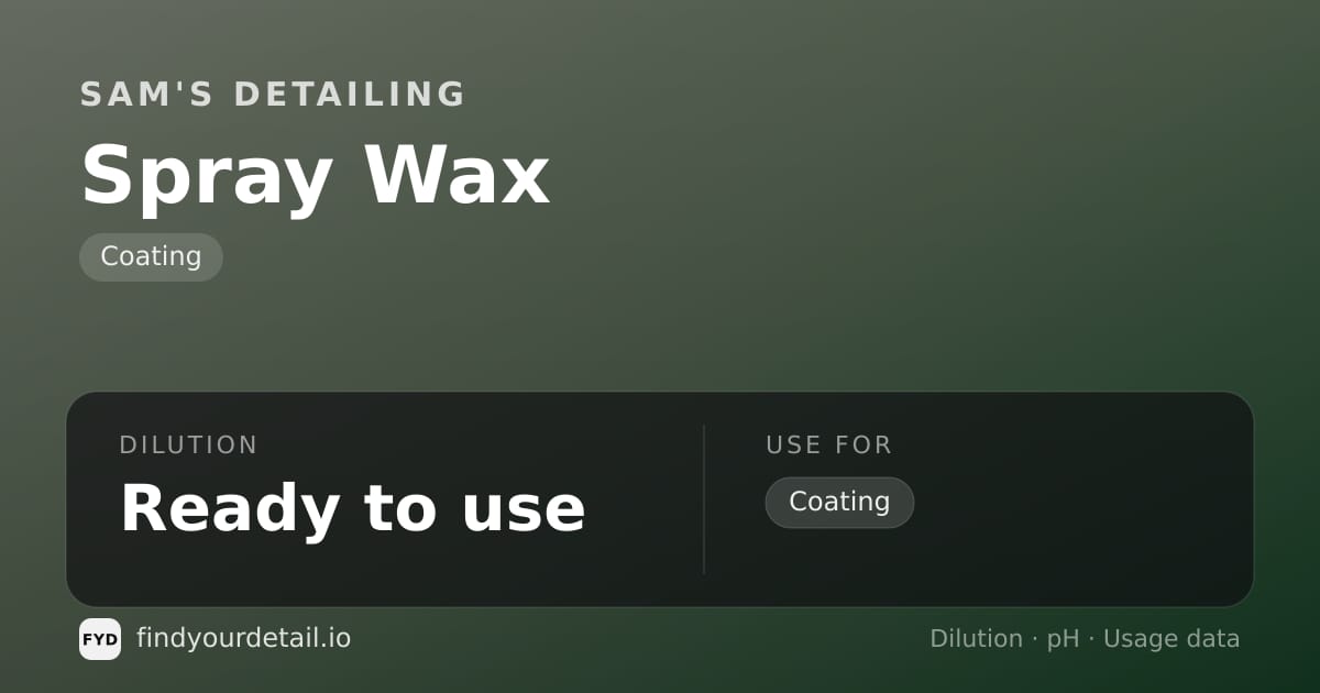 Sam's Detailing Spray Wax dilution ratio and pH specification chart