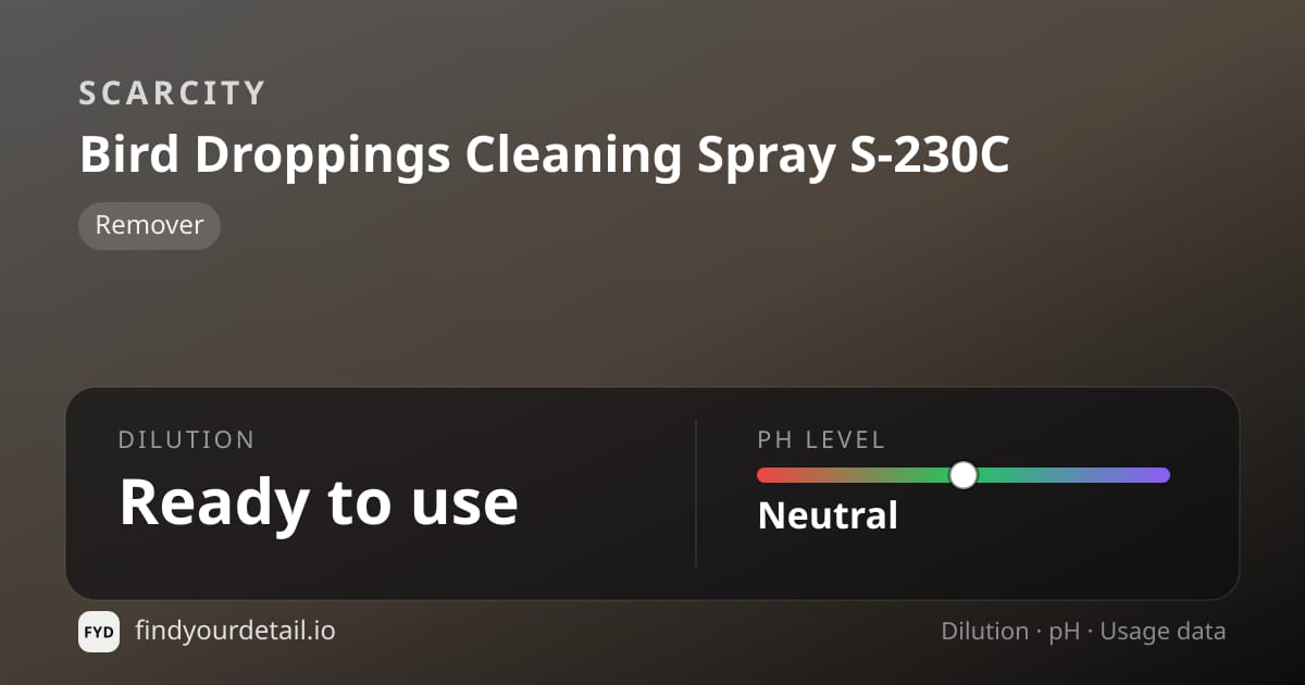 SCARCITY Bird Droppings Cleaning Spray S-230C dilution ratio and pH specification chart