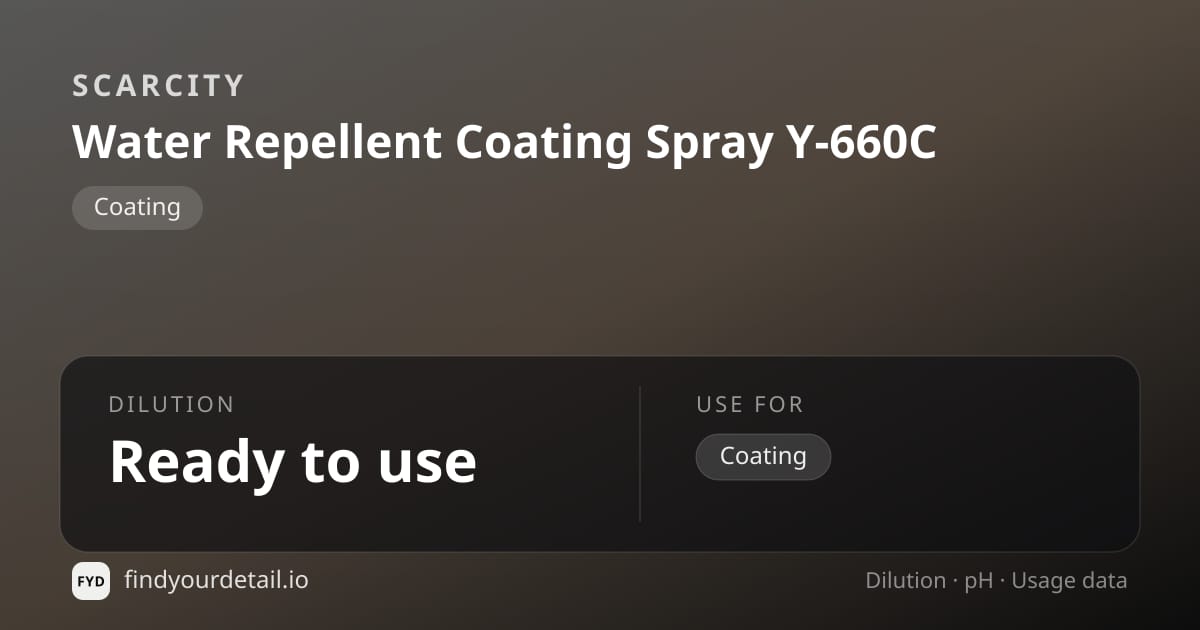 SCARCITY Water Repellent Coating Spray Y-660C dilution ratio and pH specification chart