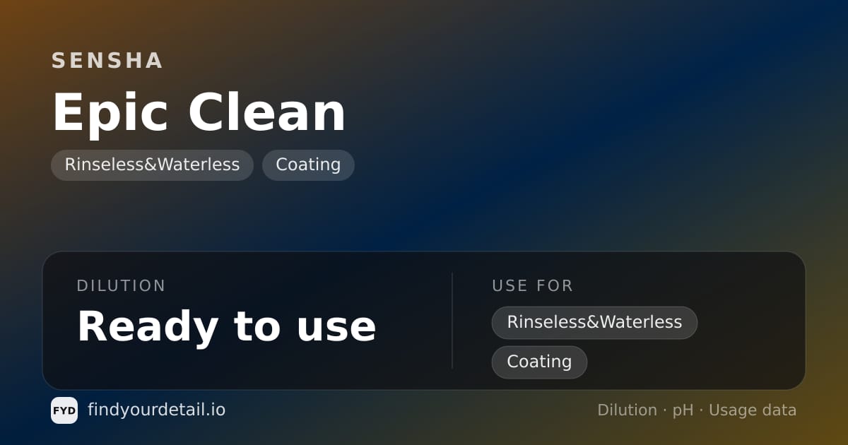 SENSHA Epic Clean dilution ratio and pH specification chart