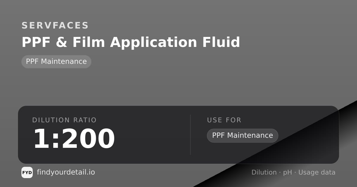 servFaces PPF & Film Application Fluid dilution ratio and pH specification chart