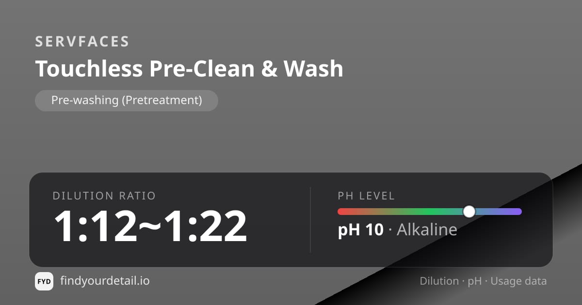 servFaces Touchless Pre-Clean & Wash dilution ratio and pH specification chart