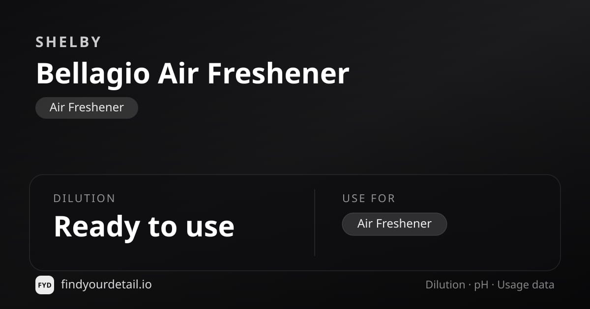 Shelby Bellagio Air Freshener dilution ratio and pH specification chart