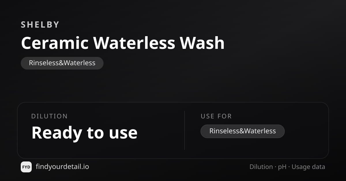 Shelby Ceramic Waterless Wash dilution ratio and pH specification chart
