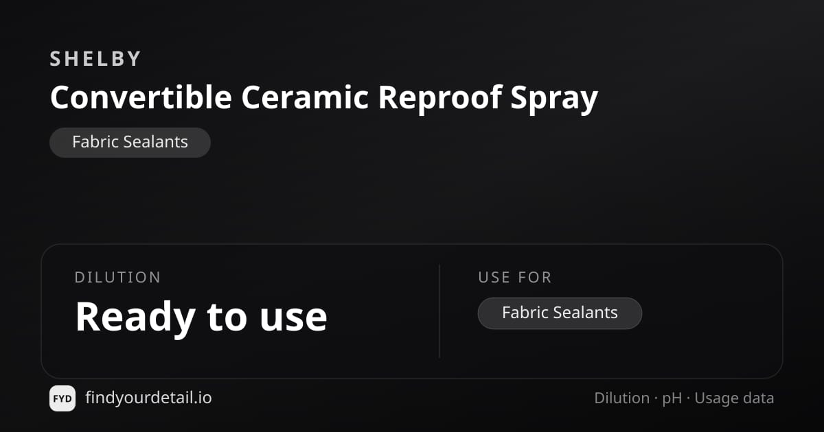 Shelby Convertible Ceramic Reproof Spray dilution ratio and pH specification chart