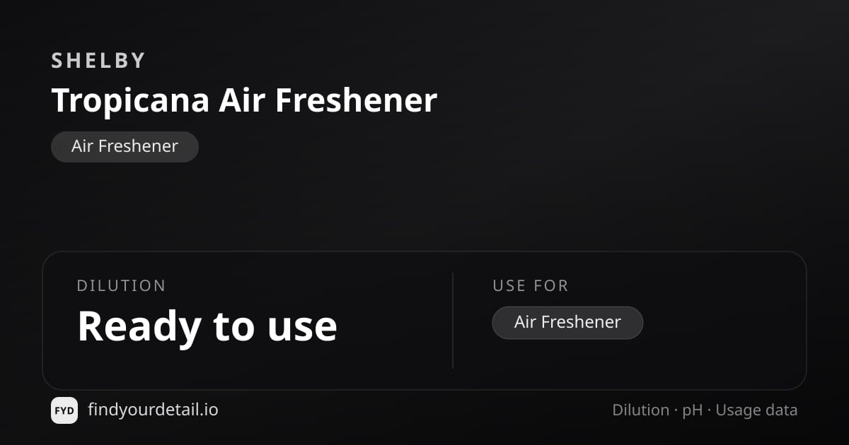Shelby Tropicana Air Freshener dilution ratio and pH specification chart