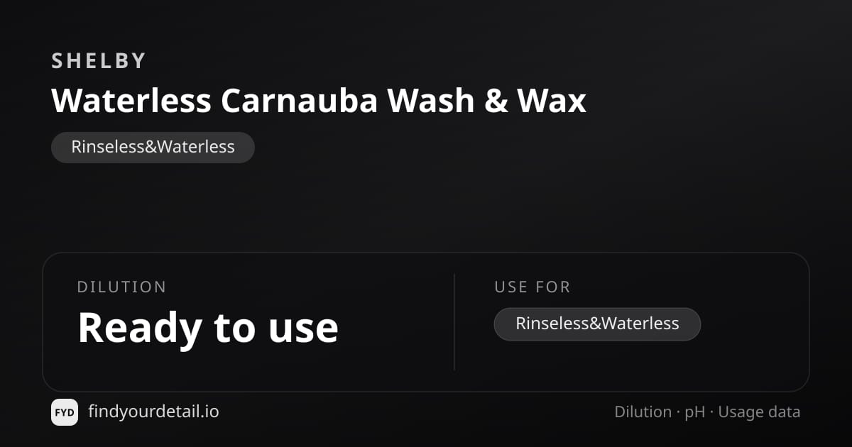 Shelby Waterless Carnauba Wash & Wax dilution ratio and pH specification chart