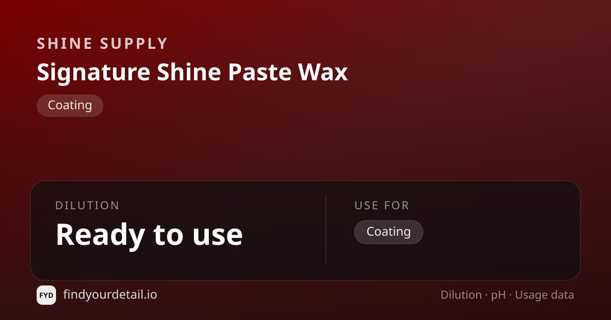 Shine Supply Signature Shine Paste Wax dilution ratio and pH specification chart
