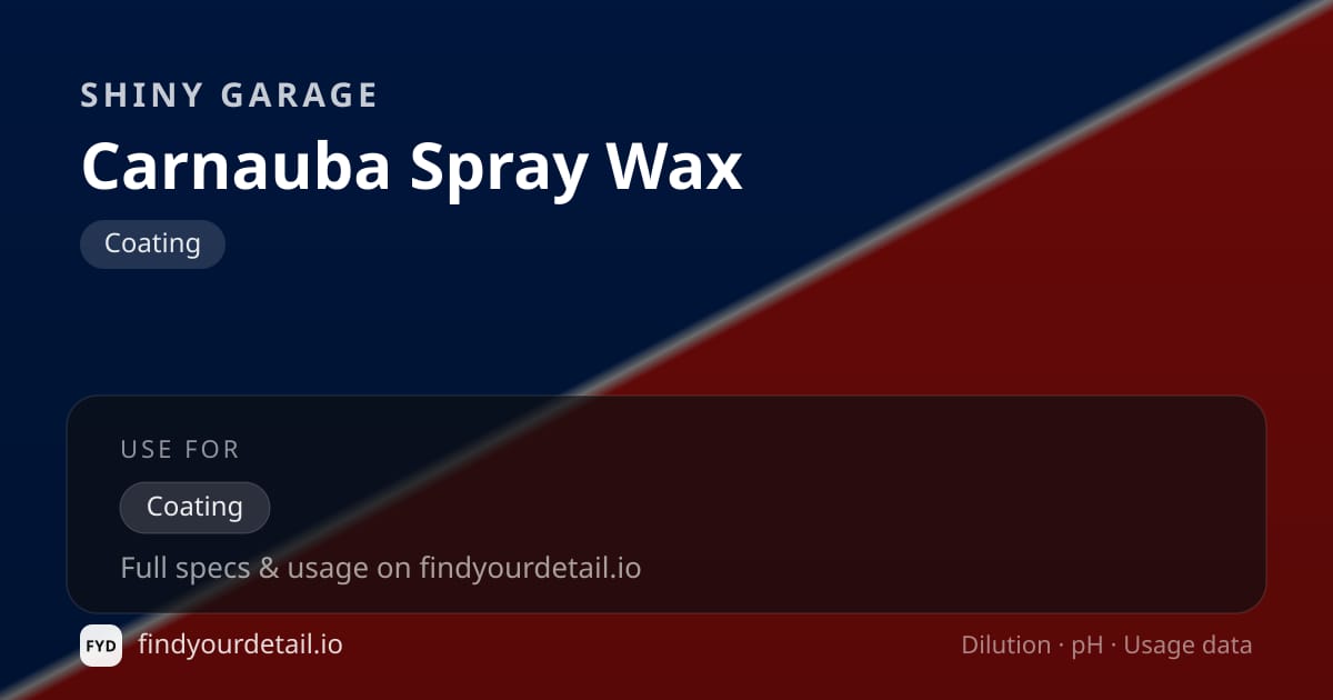 Shiny Garage Carnauba Spray Wax dilution ratio and pH specification chart