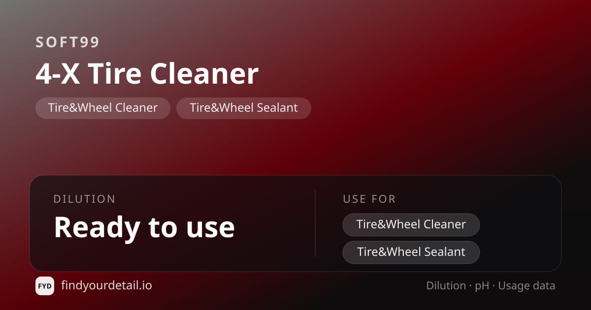 Soft99 4-X Tire Cleaner dilution ratio and pH specification chart