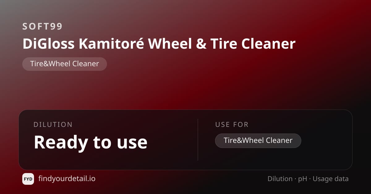 Soft99 DiGloss Kamitoré Wheel & Tire Cleaner dilution ratio and pH specification chart