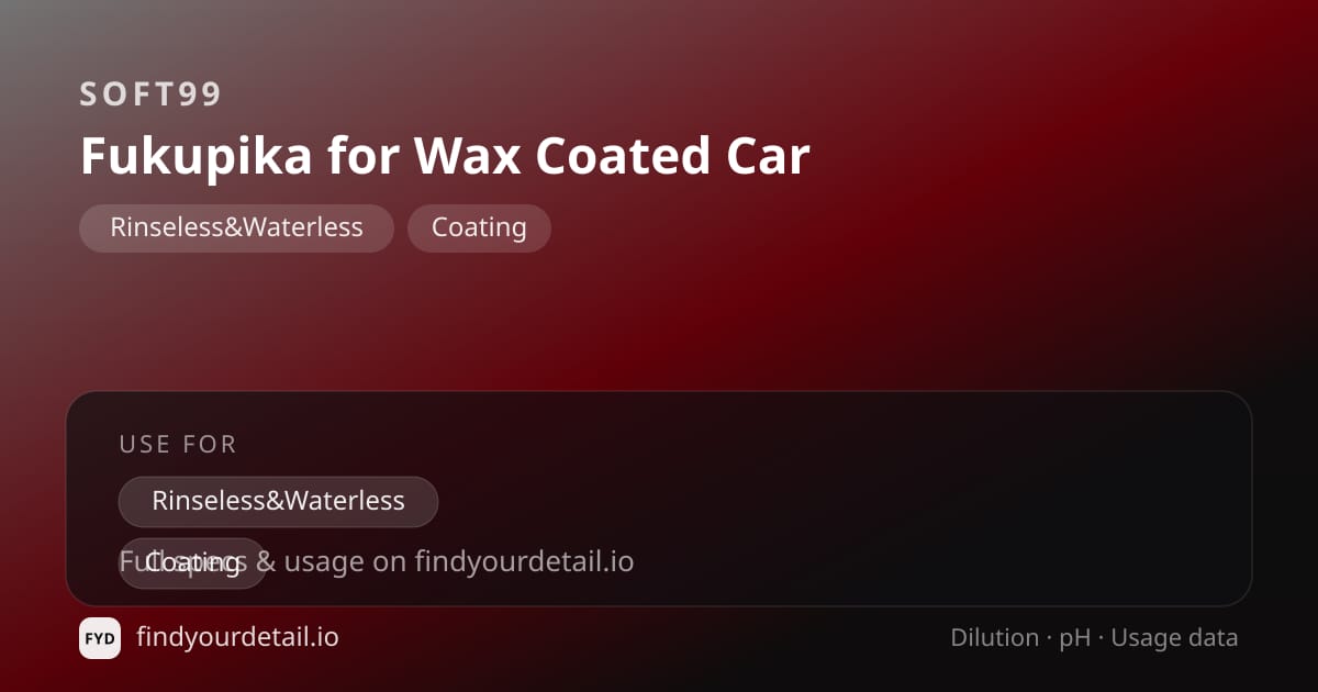 Soft99 Fukupika for Wax Coated Car dilution ratio and pH specification chart