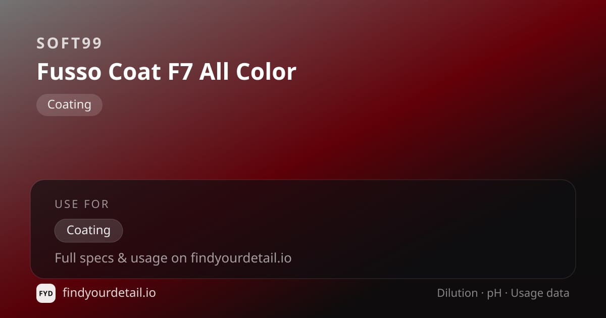 Soft99 Fusso Coat F7 All Color dilution ratio and pH specification chart