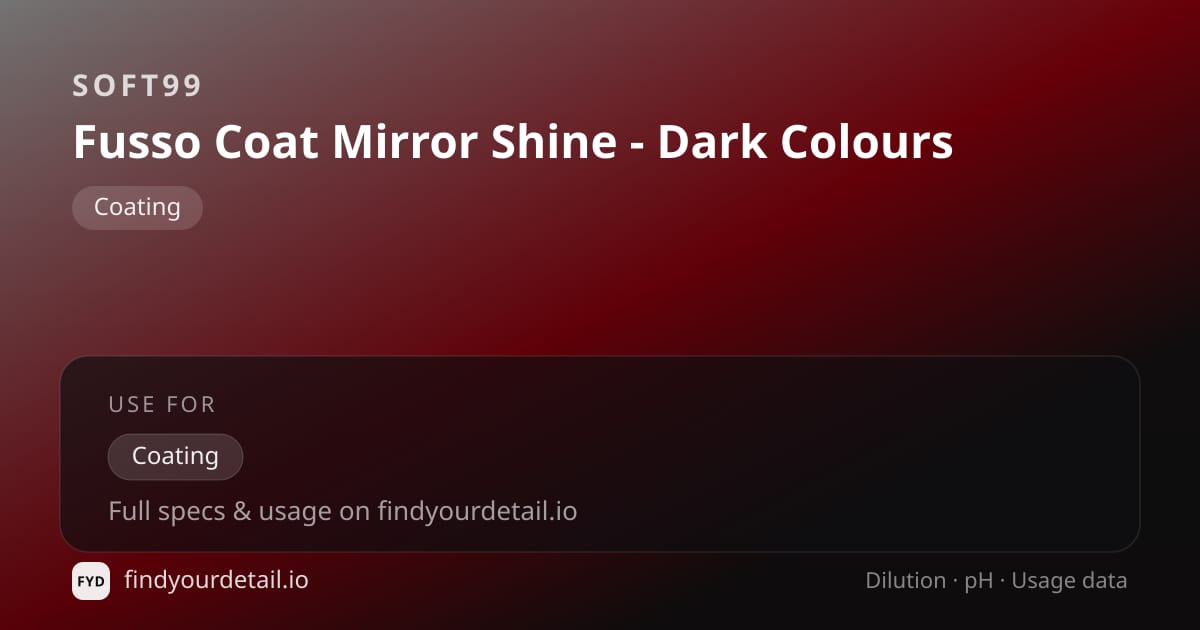 Soft99 Fusso Coat Mirror Shine - Dark Colours dilution ratio and pH specification chart