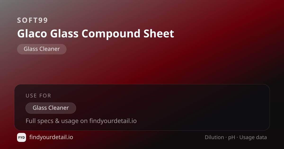 Soft99 Glaco Glass Compound Sheet dilution ratio and pH specification chart