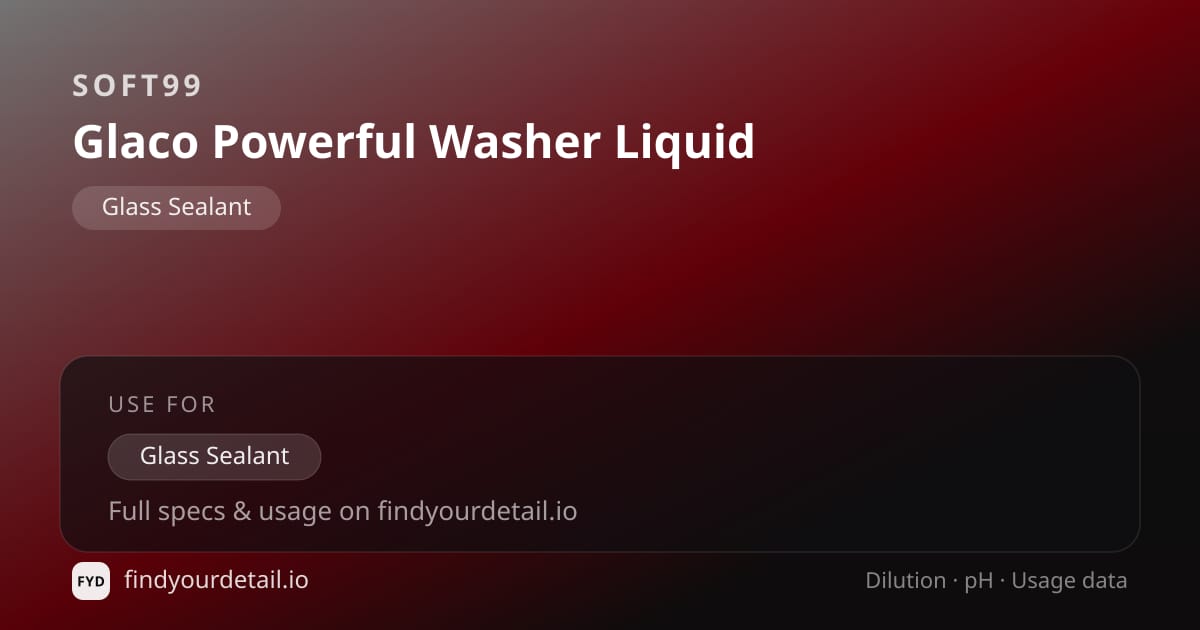 Soft99 Glaco Powerful Washer Liquid dilution ratio and pH specification chart