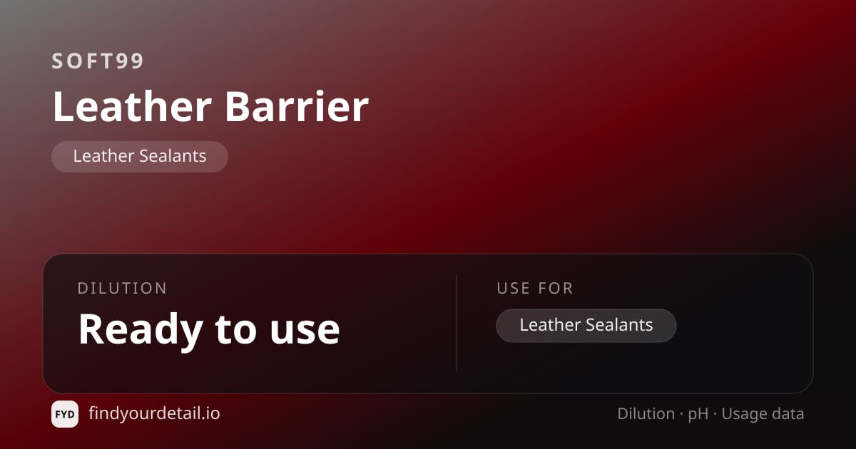 Soft99 Leather Barrier dilution ratio and pH specification chart