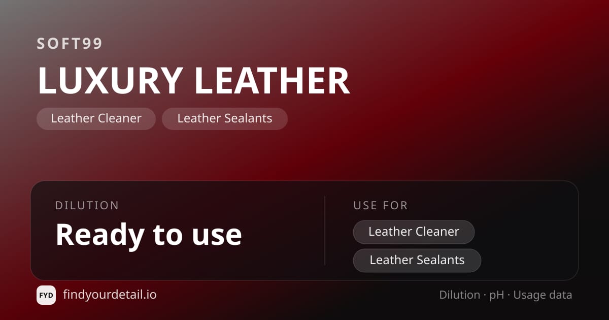 Soft99 LUXURY LEATHER dilution ratio and pH specification chart