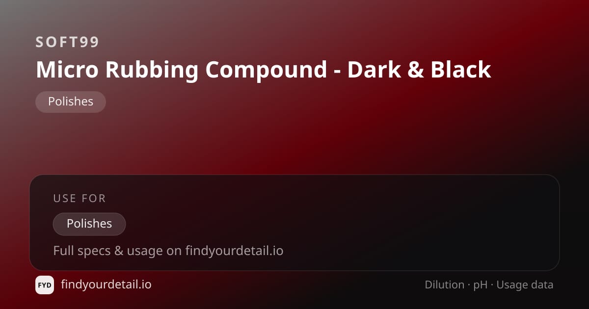 Soft99 Micro Rubbing Compound - Dark & Black dilution ratio and pH specification chart