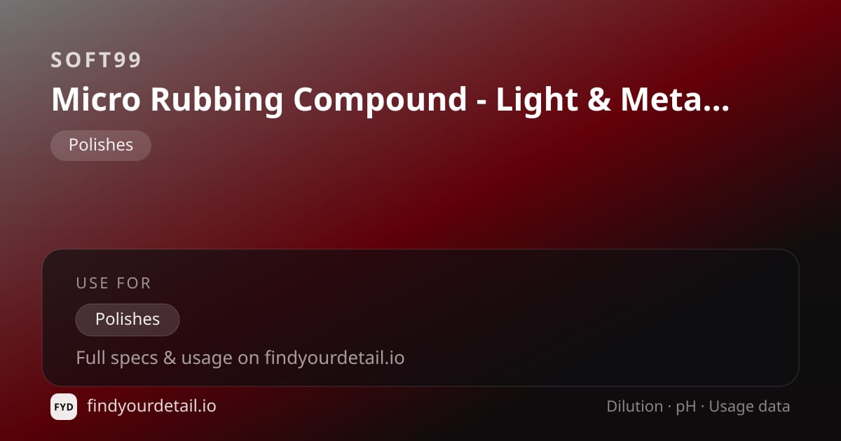 Soft99 Micro Rubbing Compound - Light & Metallic dilution ratio and pH specification chart