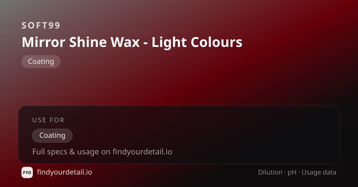 Soft99 Mirror Shine Wax - Light Colours dilution ratio and pH specification chart