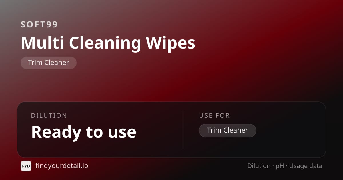 Soft99 Multi Cleaning Wipes dilution ratio and pH specification chart