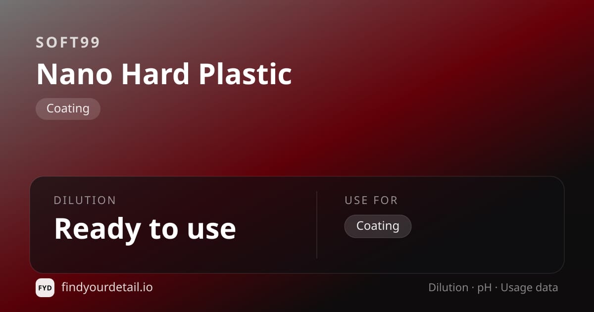 Soft99 Nano Hard Plastic dilution ratio and pH specification chart