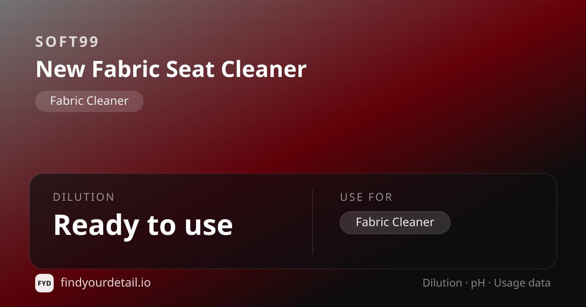Soft99 New Fabric Seat Cleaner dilution ratio and pH specification chart