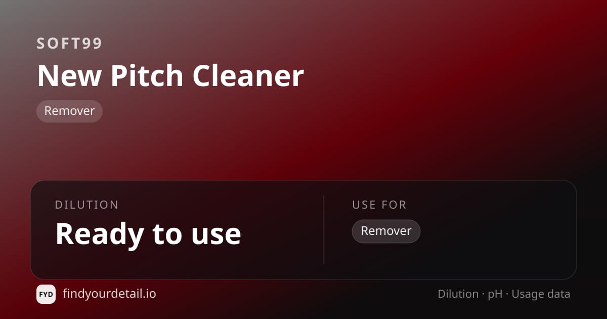 Soft99 New Pitch Cleaner dilution ratio and pH specification chart