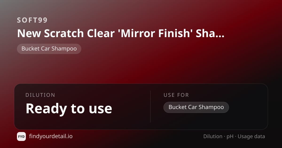 Soft99 New Scratch Clear 'Mirror Finish' Shampoo - Silver & Dark dilution ratio and pH specification chart