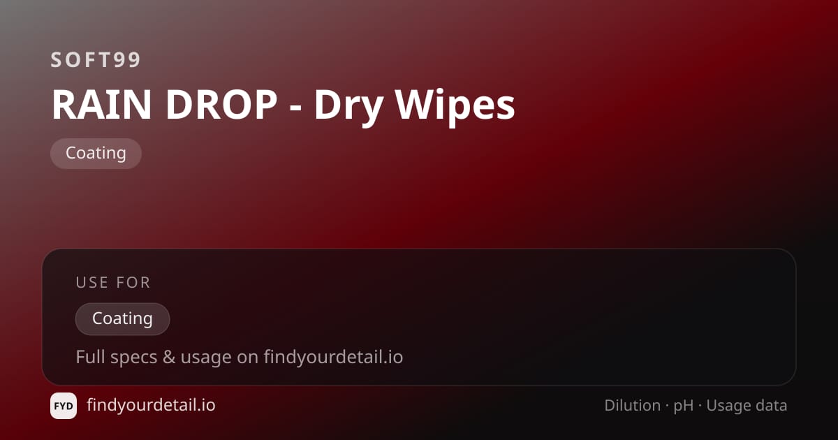 Soft99 RAIN DROP - Dry Wipes dilution ratio and pH specification chart