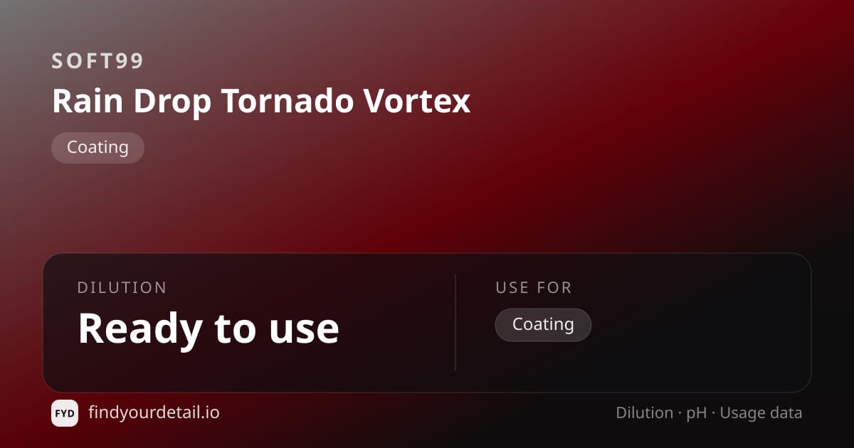 Soft99 Rain Drop Tornado Vortex dilution ratio and pH specification chart