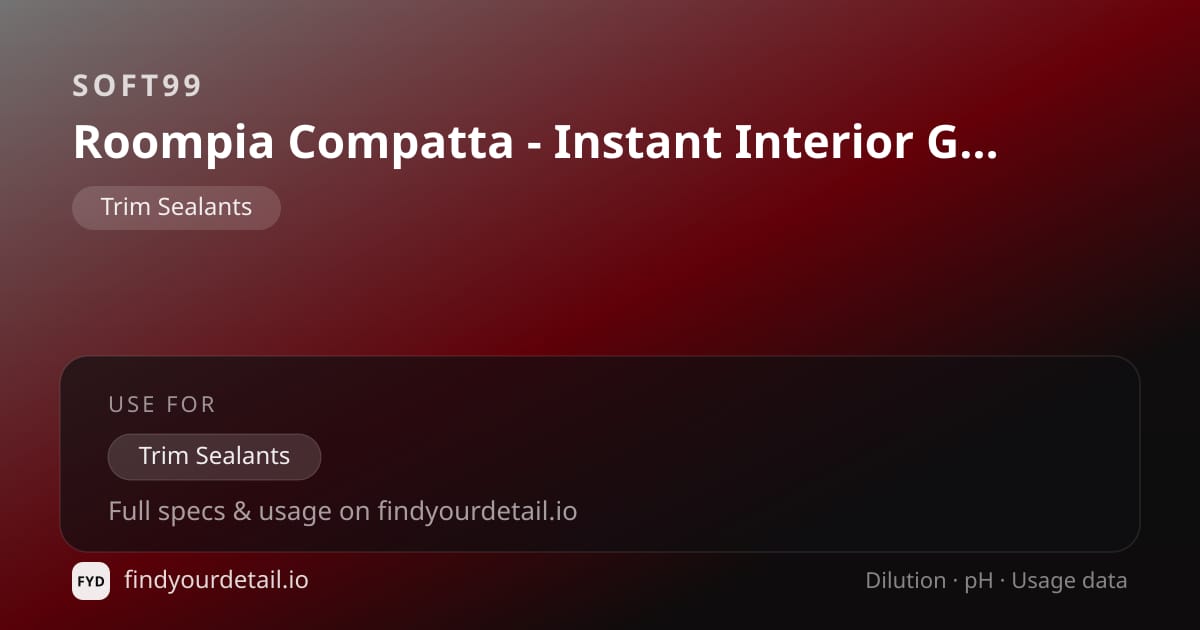 Soft99 Roompia Compatta - Instant Interior Gloss dilution ratio and pH specification chart