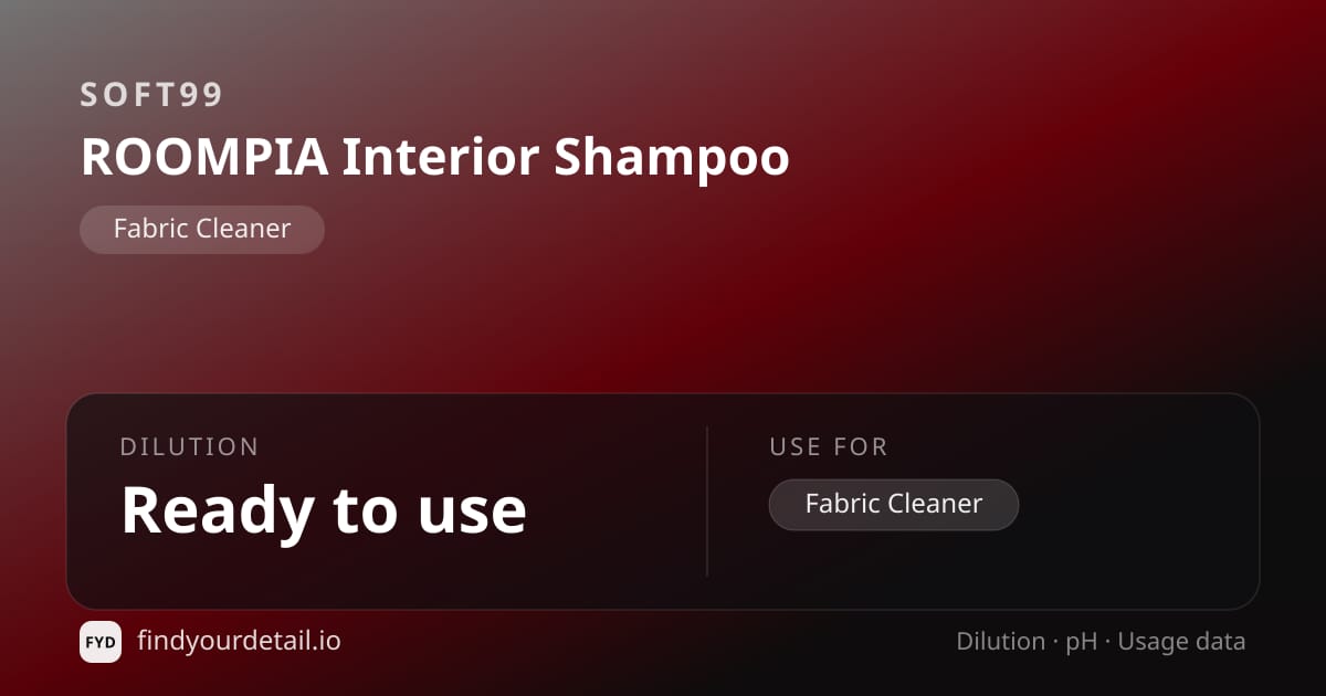 Soft99 ROOMPIA Interior Shampoo dilution ratio and pH specification chart