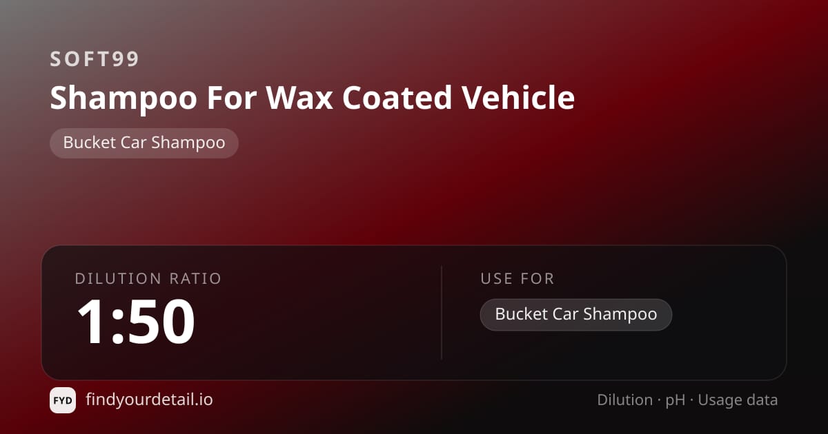 Soft99 Shampoo For Wax Coated Vehicle dilution ratio and pH specification chart
