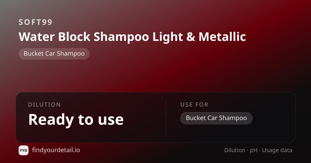 Soft99 Water Block Shampoo Light & Metallic dilution ratio and pH specification chart