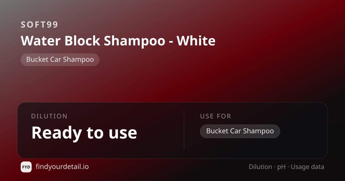 Soft99 Water Block Shampoo - White dilution ratio and pH specification chart