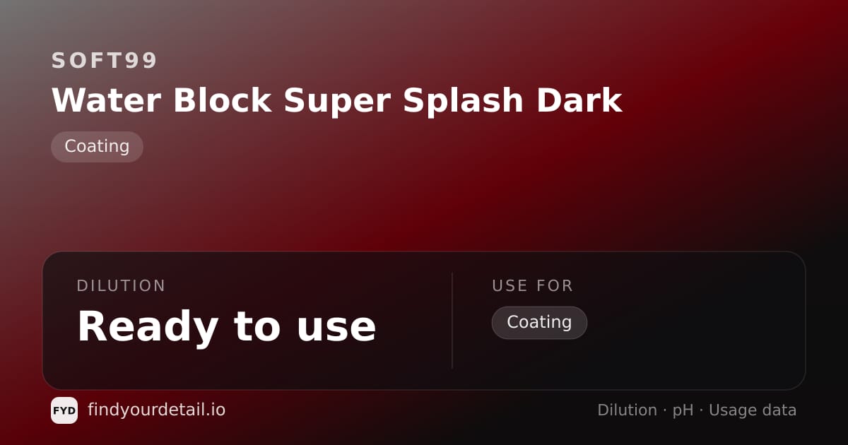 Soft99 Water Block Super Splash Dark dilution ratio and pH specification chart