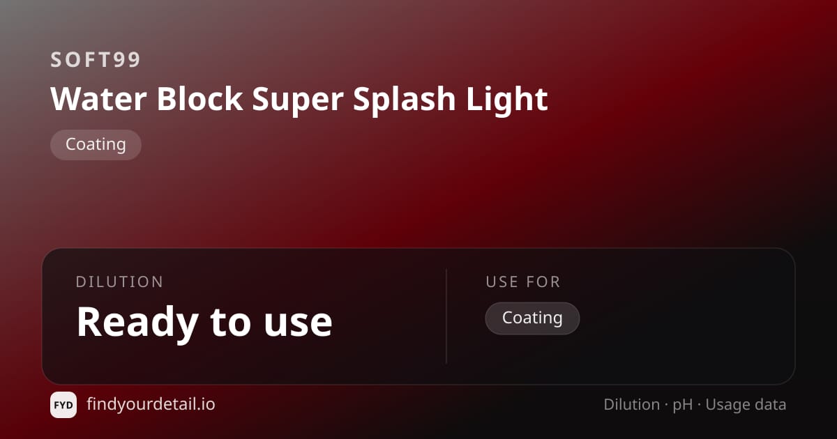 Soft99 Water Block Super Splash Light dilution ratio and pH specification chart