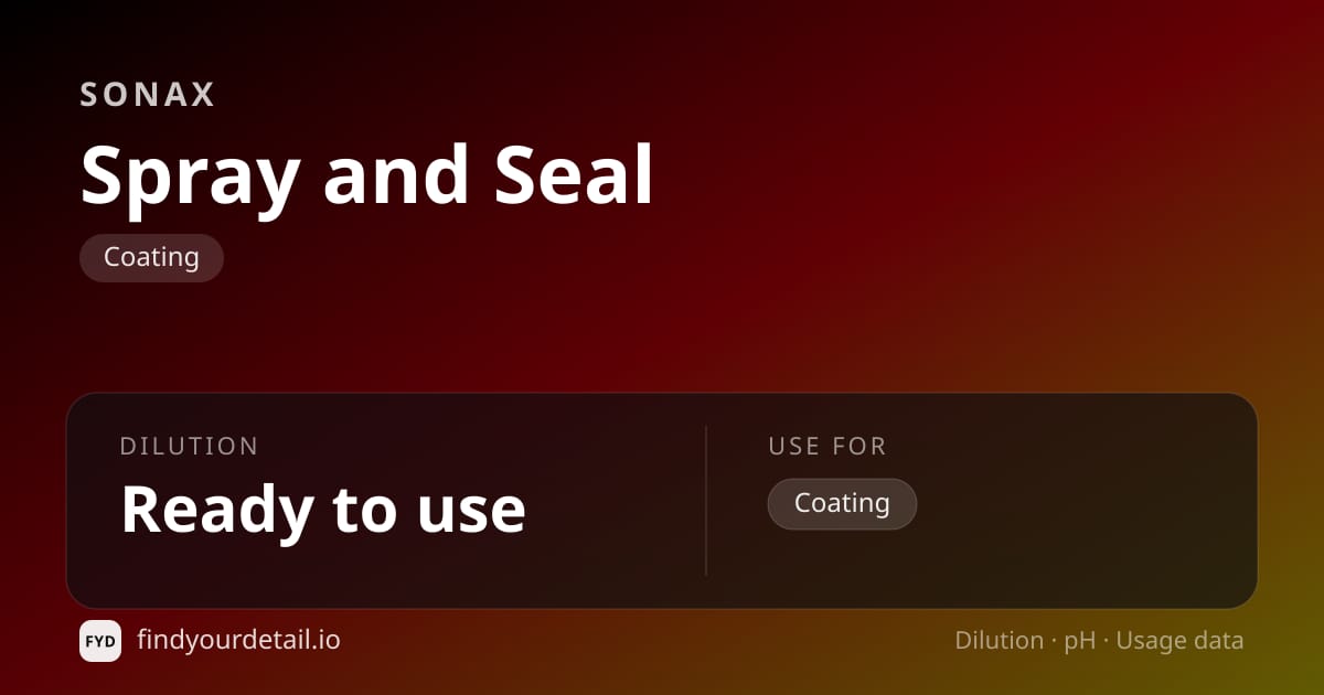 Sonax Spray and Seal dilution ratio and pH specification chart