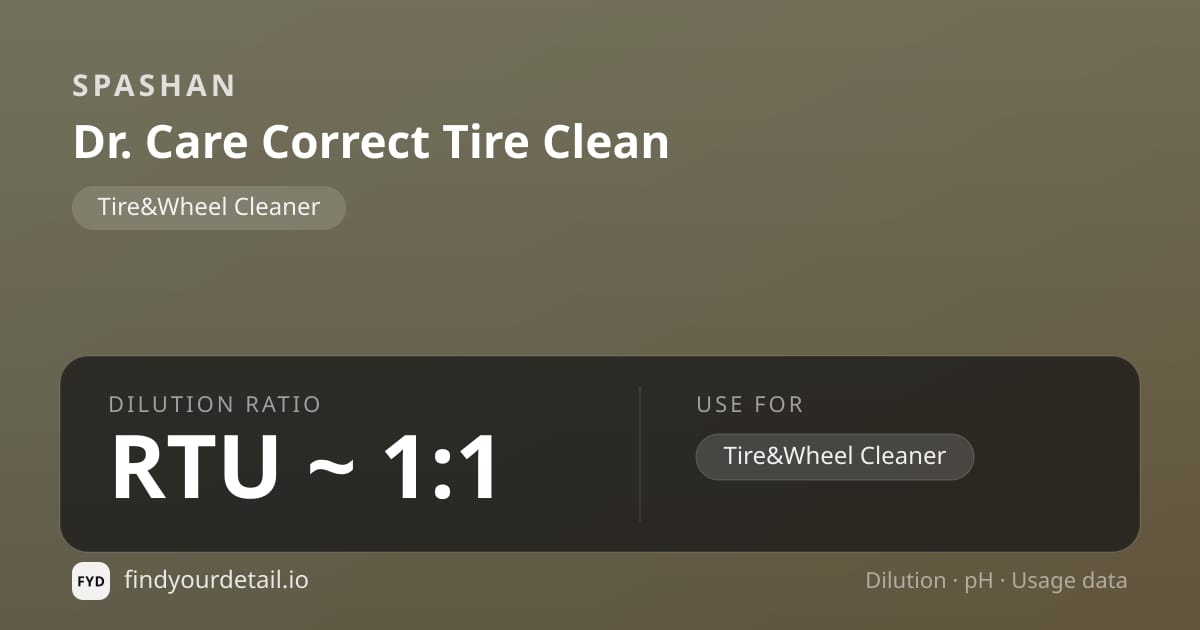 SPASHAN Dr. Care Correct Tire Clean dilution ratio and pH specification chart
