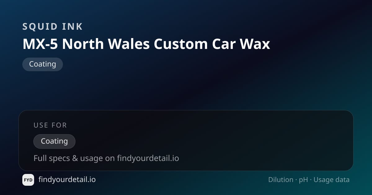 Squid Ink MX-5 North Wales Custom Car Wax dilution ratio and pH specification chart