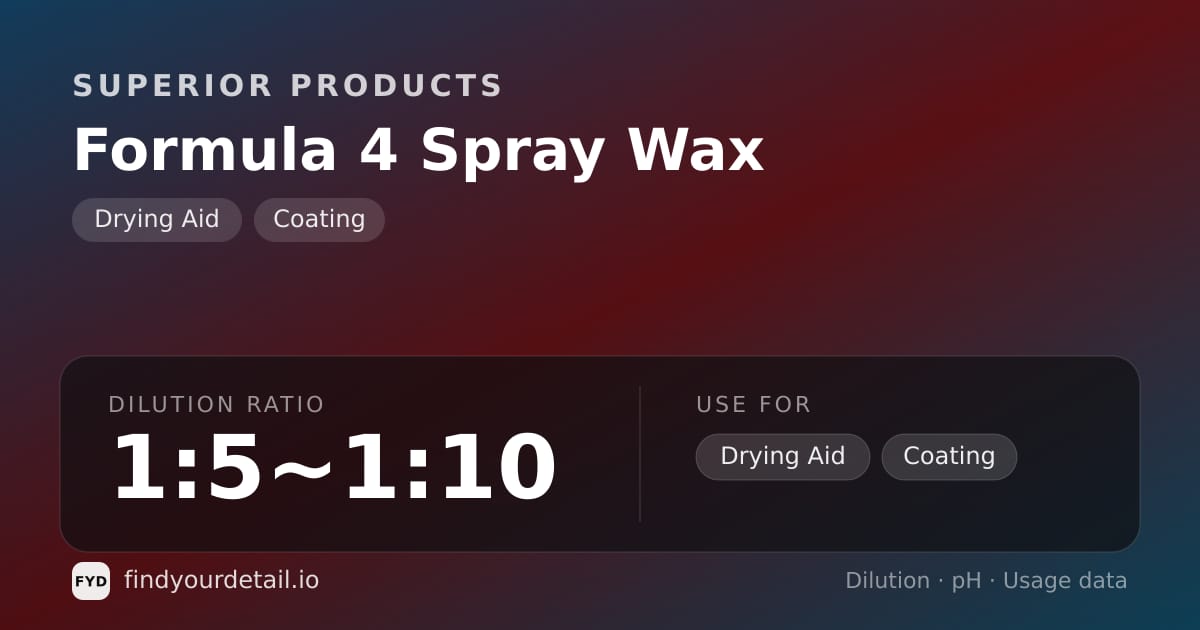 Superior Products Formula 4 Spray Wax dilution ratio and pH specification chart