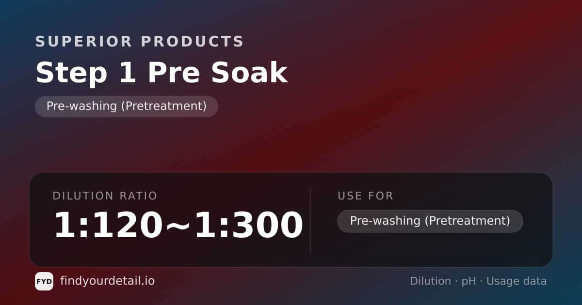 Superior Products Step 1 Pre Soak dilution ratio and pH specification chart