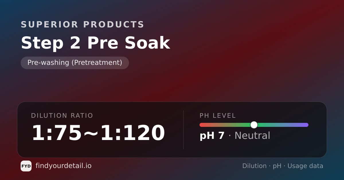 Superior Products Step 2 Pre Soak dilution ratio and pH specification chart