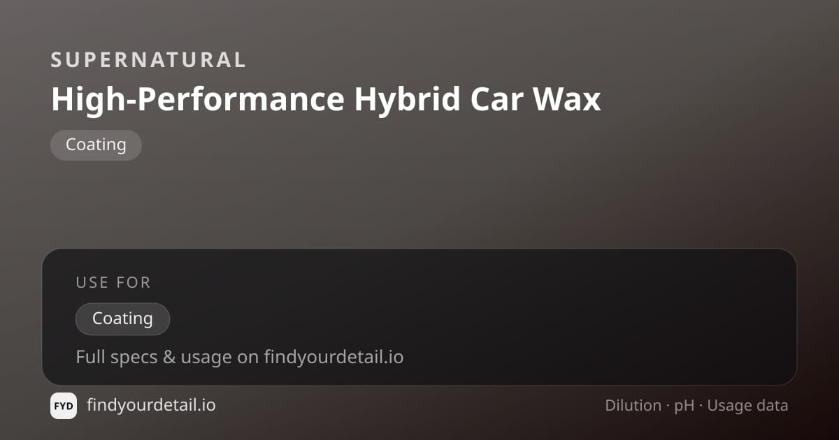 Supernatural High-Performance Hybrid Car Wax dilution ratio and pH specification chart