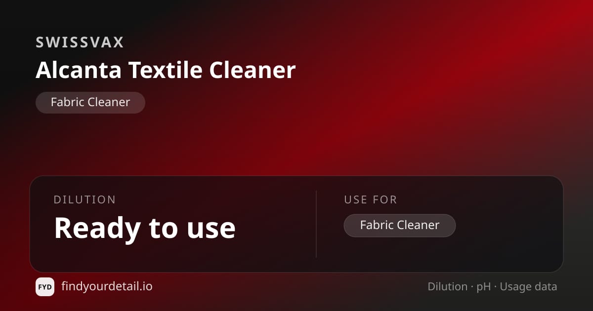 Swissvax Alcanta Textile Cleaner dilution ratio and pH specification chart