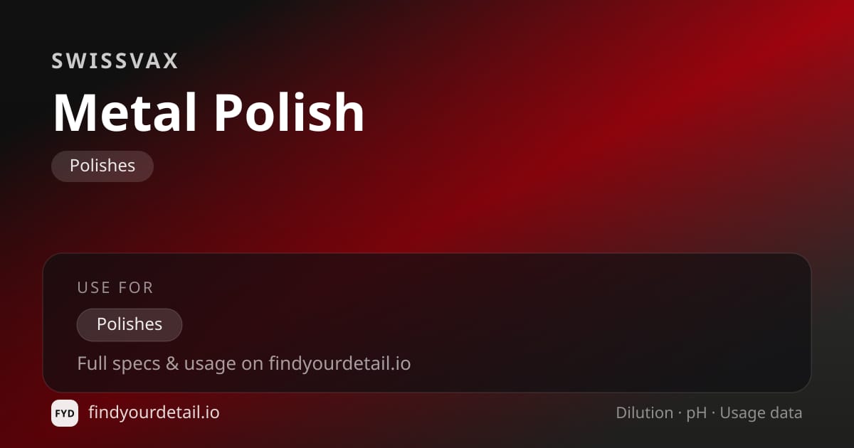 Swissvax Metal Polish dilution ratio and pH specification chart